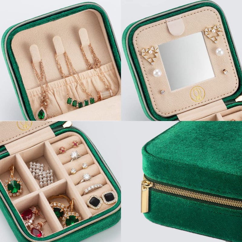 ZPROW Plush Velvet Travel Jewelry Case  Travel Jewelry Organizer  Jewelry Travel Case  Travel Jewelry Box  Small Jewelry Case for Women Jewelry Travel Box  Earring Organizer with Mirror - Emerald Green - Image 3